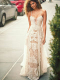 Elegant Spaghetti Straps Tulle Beach Wedding Dress, Lace Appliques Bridal Dresses PW660