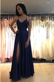 Elegant Spaghetti Straps V Neck Royal Blue Side Slit Prom Dresses Long Evening Dresses P1139