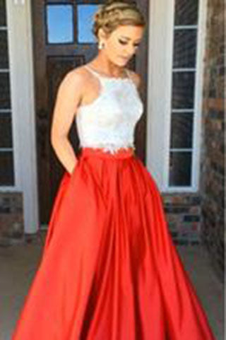 Red Real Made Two Piece Square Neck Sexy Prom Dress