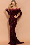 New Off-the-shoulder Party Dress Feather Long Sleeve Sequin Evening Dress