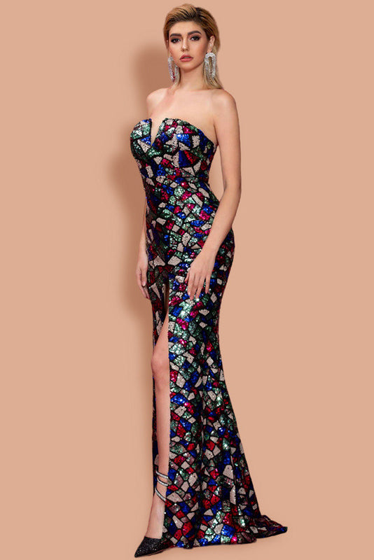 Strapless Sweep Train Long Prom Dress Mermaid Gown Front Split Party Dress