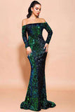 Modest Sweep Train Mermaid Off-the-shoulder Sequins Long Sleeve Prom Evening Dresses