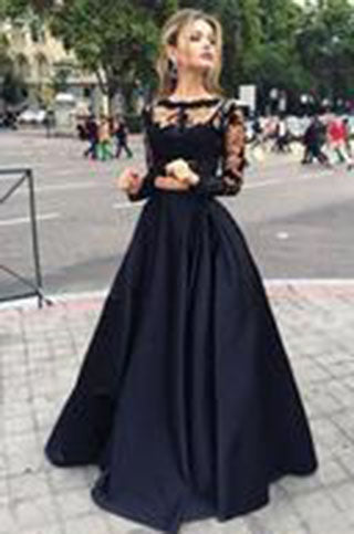 Black Two Pieces Long Sleeve A Line Lace Two Pieces Long Prom Dress