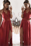 A Line Halter Lace Appliques V Neck Prom Dresses with Slit, Evening Dresses P1512