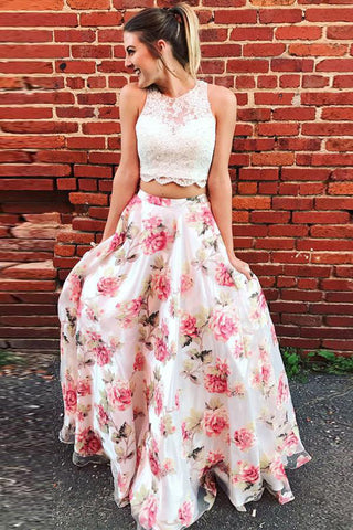 Two Piece Floral Long Lace A Line Prom Dress Graduation Party Dress 