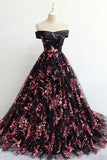 Floral Print Black Off the Shoulder Lace Appliques Prom Dresses with Lace up PW695