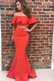 Flounced Off the Shoulder Satin Prom Dresses Two Piece Mermaid Long Formal Dress PW490
