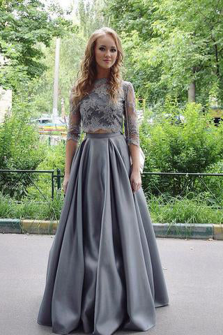 New Arrival Two-Piece A Line Gray Lace Long Evening Dress PM420