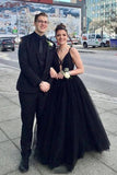 Charming A Line Black Spaghetti Straps Tulle V Neck Prom Dresses, Long Evening Dresses P1416