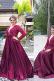 A Line V Neck Long Sleeves Beading Sweep Train Satin Plus Size Prom Dresses uk PW196