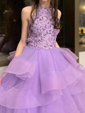 A Line High Neck Ruffles Lavender Ball Gown Prom Dresses with Appliques PW679