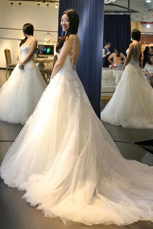 Elegant White A-Line Scoop Neck Tulle Backless Sleeveless Appliques Wedding Dress PM403