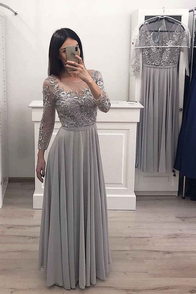 Gray Long Sleeve Chiffon Long Prom Dresses, Lace Appliques Bridesmaid Dresses PW895