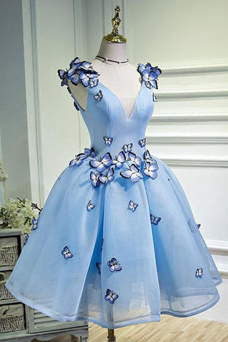 A Line Sky Blue V Neck Lace up Junior Cute Short Homecoming Dress with Butterfly Flowers PH781
