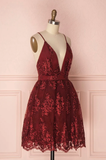 Burgundy V-Neck Lace Short Backless Homecoming Dresses N375