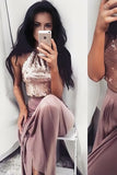 Halter Two Pieces Shiny Sequins Long Prom Dresses PM687