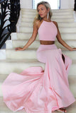 Halter Two Piece High Neck Mermaid Satin Pink Long Prom Dress with Split PW635