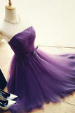 Elegant A-Line Strapless Purple Tulle Short Homecoming Dress with Bowknot PM96