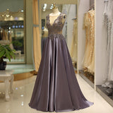 A Line Sleeveless Beading Satin Court Train Prom Dress Party Dress WH66723