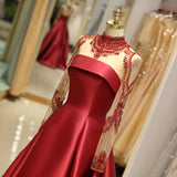 A Line High Neck Beading Long Sleeves Satin Court Train Prom Dress Party Dress WH63695