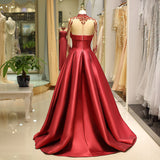 A Line High Neck Beading Long Sleeves Satin Court Train Prom Dress Party Dress WH63695