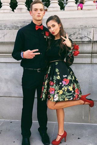 Two Piece Crew Open Back Above-Knee Black Printed Homecoming Dress with Pockets PH659