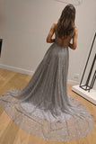 Chic A Line Silver Backless V-Neck Fashion Custom Unique Long Prom Dress P1199