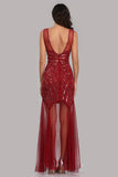 See Through Burgundy Mermaid Bateau Prom Dresses with Beading XU90816