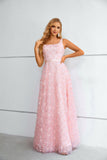Sweet Pink Flower Prom Dresses Long Lace Straps Party Dresses