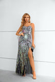 Shiny Spaghetti Straps Evening Dresses Colorful Sequins Prom Dresses with Side Split