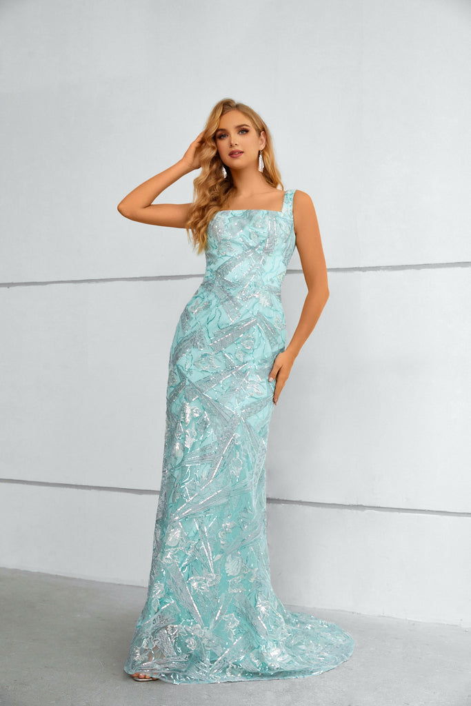 Mermaid Straps Sleeveless Shiny Lace Prom Dresses with Detachable Tulle Train