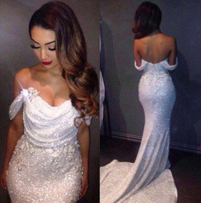 Mermaid Off The Shoulder Ivory Sparkle Sequins Long Party Dress