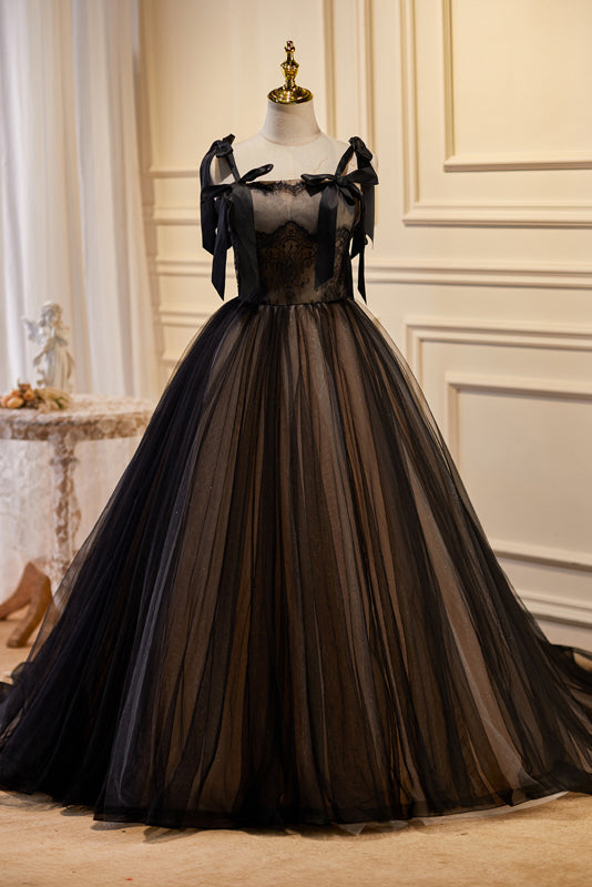 Black A-line Long Tulle Prom Dress with Bowknot LJ0572