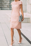 Column Pink Lace Knee length Homecoming Dresses LY0450