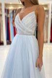 Spaghetti Straps V-Neck Tulle Long Prom Dresses With Beads PD0678