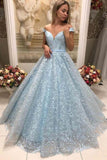 Light Blue Lace Ball Gown Off the Shoulder Prom Dress with Appliques Sweetheart PW612