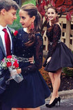 Long Sleeve Navy Blue Bateau Homecoming Dresses Open Back Short Cocktail Dresses H1209