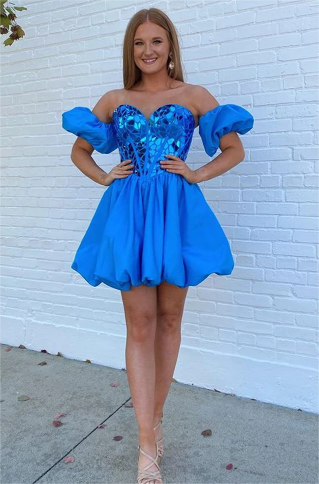 Lovely Sweetheart Blue Homecoming Dresses with Sleeve N361