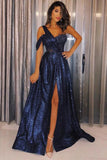 Sexy One-Shoulder A Line Navy Blue Sequins Prom Dress with Split P1042