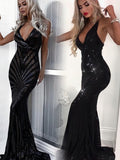 Mermaid Deep V-Neck Sequins Long Prom Dresses PW534