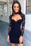 Mermaid Black Long Sleeve Sweetheart Short Prom Dresses, Lace Cocktail Party Dresses H1121