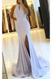 Mermaid Halter Blue Open Back Sleeveless Prom Dresses with Slit Long Dance Dresses PW708