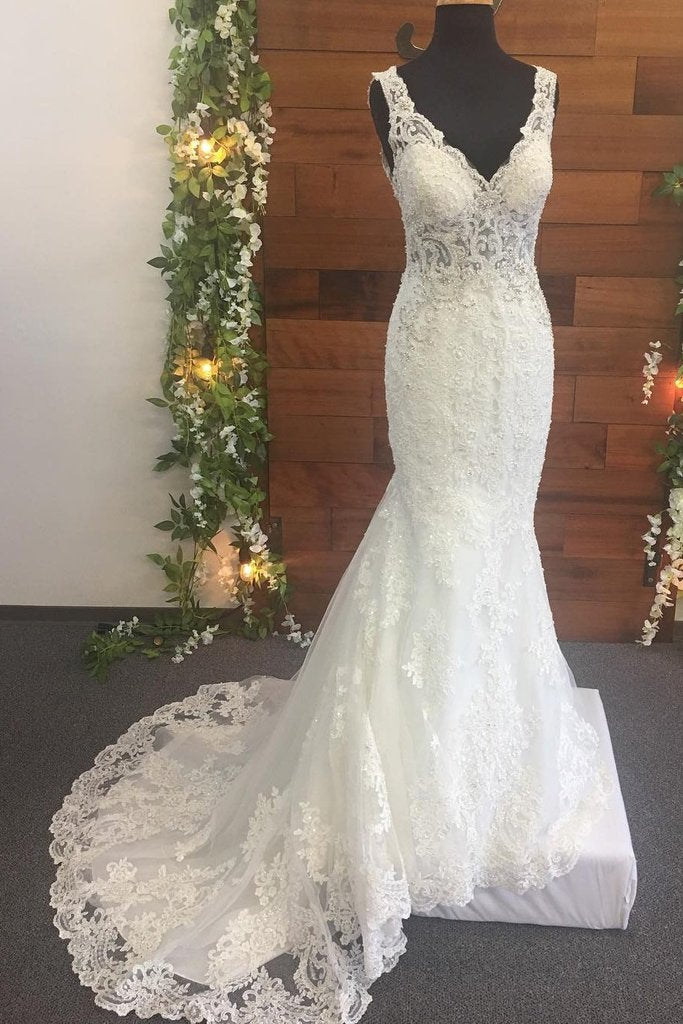 Mermaid Lace Beads Appliques V Neck Ivory Wedding Dresses Long Bridal Dress PW657