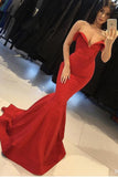 Mermaid Red V Neck Strapless Prom Dresses Long Cheap Satin Party Dresses PW645