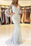 Mermaid V Neck Long Sleeve Prom Dresses Lace Appliques V Back Evening Dresses PW554