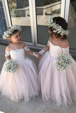 Cute Off the Shoulder Long Sleeve Pink Lace Appliques Tulle Flower Girl Dresses uk PW289