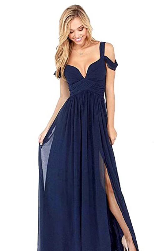 Navy Blue Chiffon Off-The-Shoulder Straps Sleeves Long Bridesmaid Gown