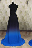 One Shoulder Ombre Black and Blue Ruffles Prom Dresses, Simple Cheap Party Dresses PW692