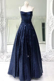 Elegant A Line Navy Blue Long Prom Dresses With Sequins Evening Dresses PD1102