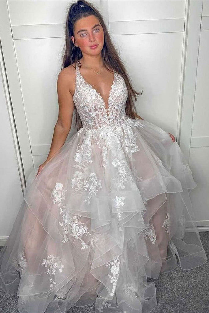 Sexy Ball Gown Deep V-Neck Appliques Prom Dress